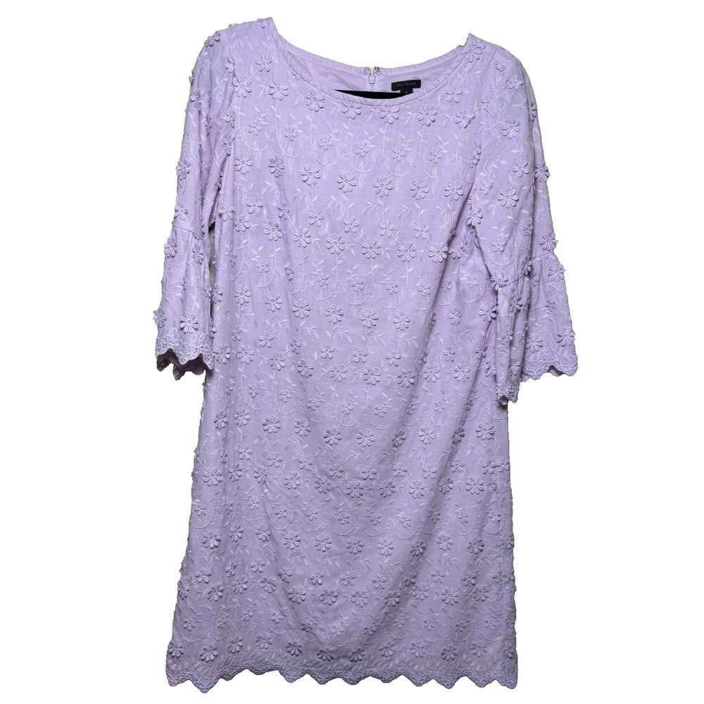 Ann Taylor Lavender embroidered textured floral scalloped hem dress Size 8 Tall